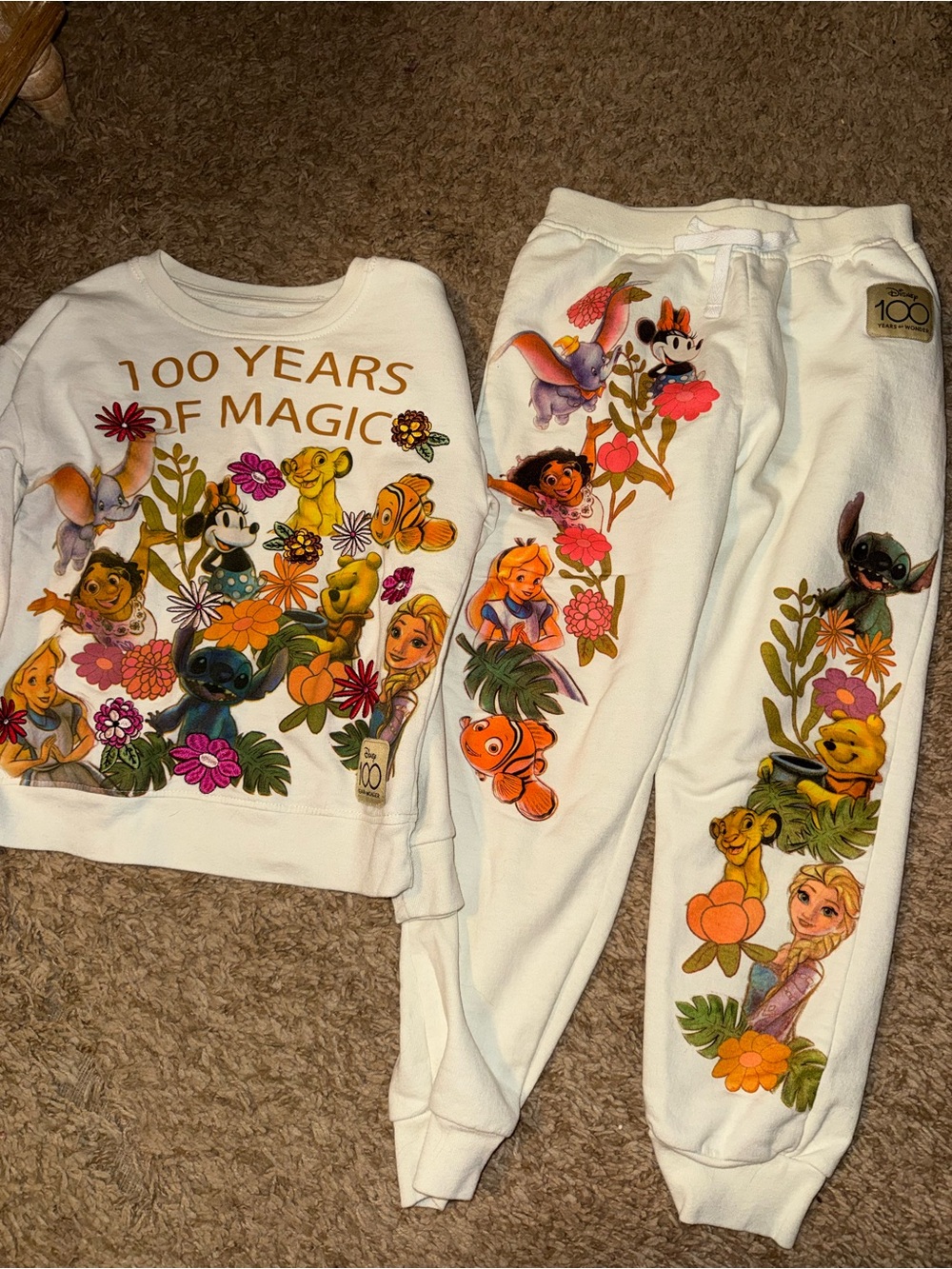 Disney Kids Cream '100 Years of Magic' Floral Character Sweatshirt & Joggers Set